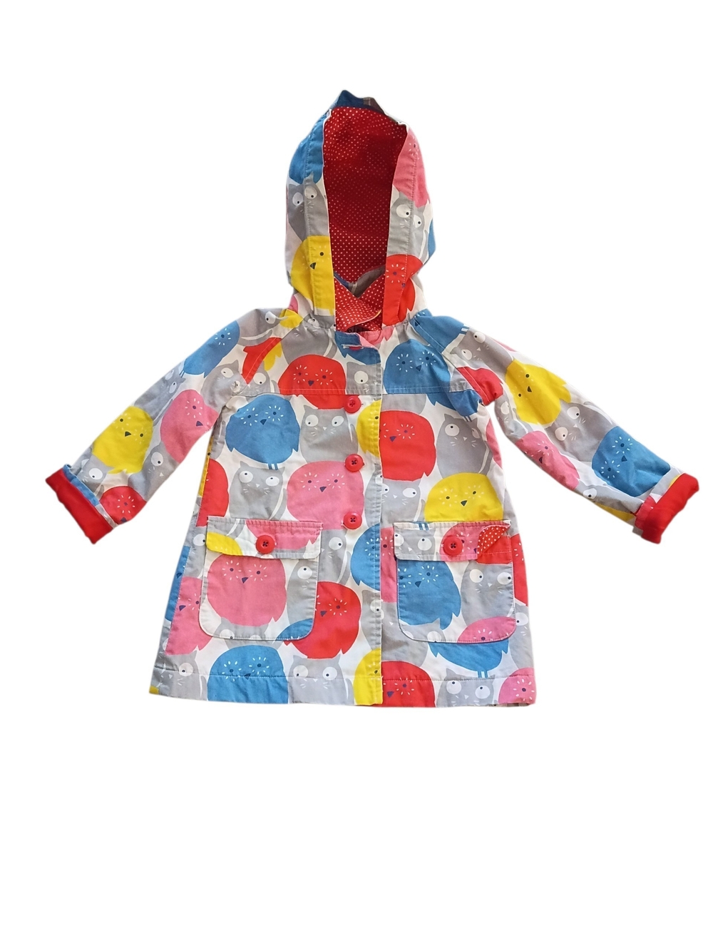 Mini Boden Girls Owl Cat Print Hooded Coat Size 2-3Y | Colorful Toddler Jacket